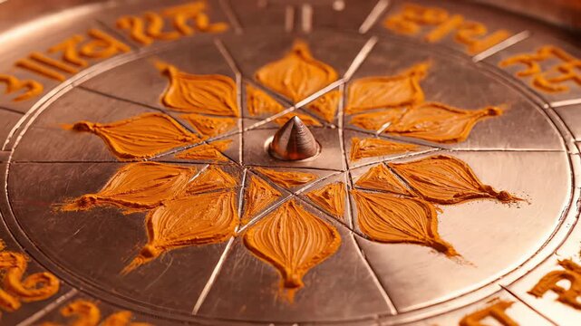 Copper Plate With Orange Powder Intricate Floral Mandala Design and Sanskrit Script