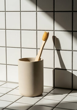 Toothbrush in a beige ceramic holder on white tiled surface