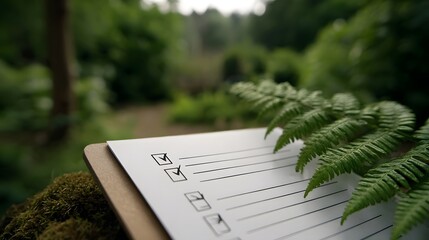Ticked checklist rests on mossy ground in a lush forest accented by a fern frond