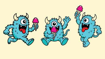 Set of blue furry monsters eating ice cream cones, cute cartoon having fun