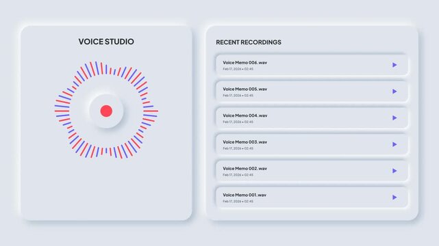 Sleek user interface featuring a neumorphic design for a voice studio application, displaying an audio waveform and a log of recent sound recordings