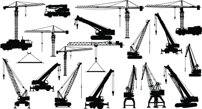 Construction and industrial crane machinery silhouette collection vector illustration, heavy lifting equipment for engineering, building site operations, logistics and manufacturing industry use