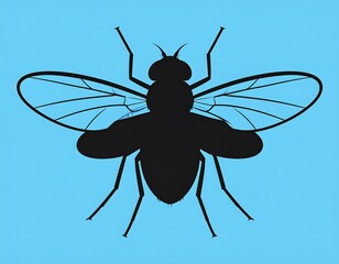 Black fly silhouette against a bright blue background. Wings displayed. Legs and antennae visible