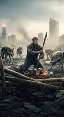 Fototapeta premium Determined man defends scarce provisions against a pack of encroaching wild canines amid ruined cityscapes