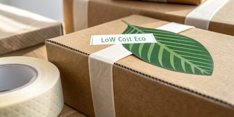 supply warehousing cost. Eco-friendly cardboard package labeled Low Cost Eco with leaf design and packing tape on a wooden surface.