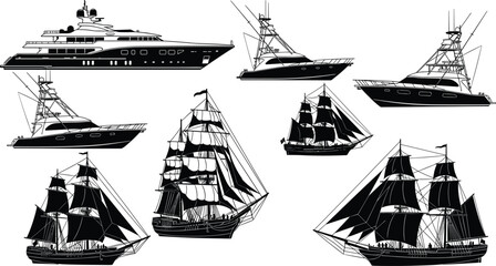 Silhouette Collection of Luxury Yachts, Modern Fishing Boats, and Classic Multi-Mast Sailing Ships Isolated on White Background for Marine Design © Jonab