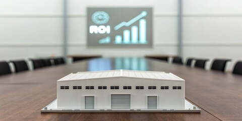 supply warehousing cost. A miniature warehouse model on a conference table with a ROI graph displayed on a screen in the background.