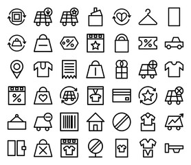 Ecommerce and retail line icon set including vector pictograms of shopping bags, clothickg, discount tags, delivery trucks, barcodes, and credit cards in thick outline style.
