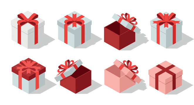 Collection of isometric gift boxes with red ribbons and bows, some open and closed