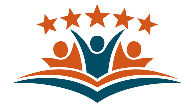Education Success Logo with Happy People, Stars, and Open Book Icon. Concept of Learning, Achievement, Community, and Excellence