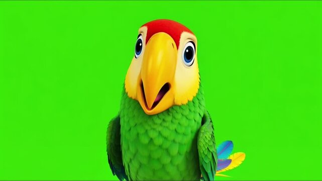 Vibrant green parrot character posing against a bright lime backdrop in playful cartoon style.
