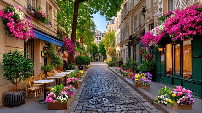 Charming cobblestone street in a Parisian neighborhood adorned with vibrant flowerpots, outdoor cafes, and lush greenery under a bright blue sky