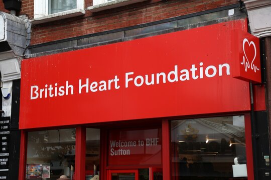 SUTTON, UK - JULY 8, 2024: British Heart Foundation charity store in London Borough of Sutton in South London, UK.