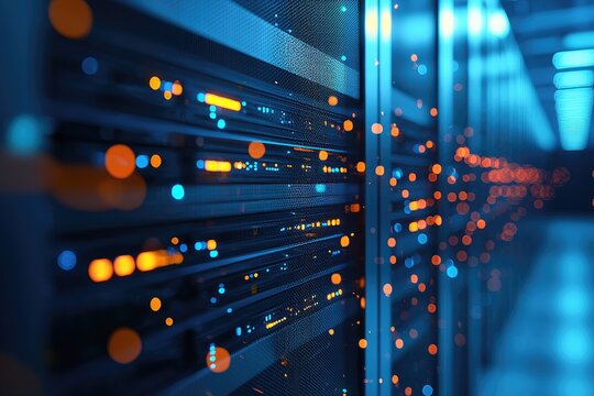 Modern IT server rack close up with illuminated network lights and glowing data particles, enterprise infrastructure and cybersecurity technology concept, idea for cloud computing background