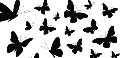 Black butterfly silhouettes collection, diverse wing shapes, insect pattern design, decorative art, nature illustration, isolated insects, vector background, creative decoration © Its Butterfly