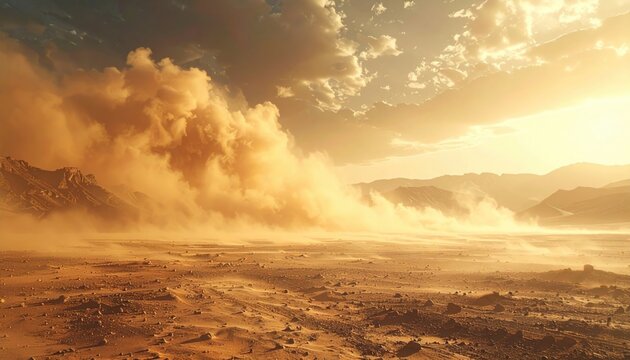 A vast FlyPro Firefly view of a dramatic dusty windstorm sweeping across a barren, arid landscape, creating relentless dryness and environmental stress.