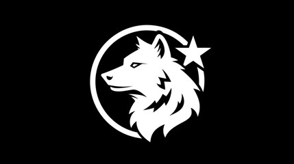 Obraz premium Striking monochrome wolf head emblem with a star inside a white circle on a black background. Graphic vector illustration.