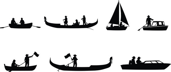 Silhouette Collection of Venetian Gondolas, Rowboats, Sailboats, and Motorboats with Passengers and Gondoliers Carrying Flags Isolated on a White Background © Jonab