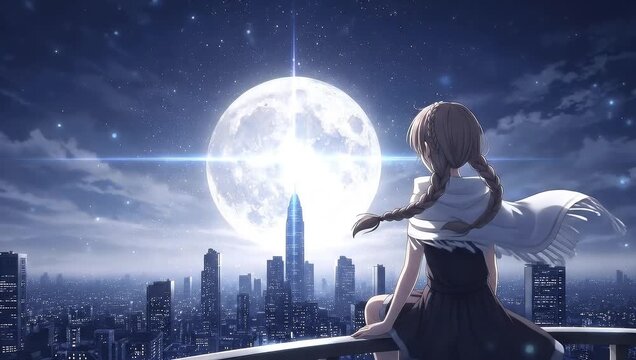 Young woman sitting on rooftop edge observing the full moon and city lights at night