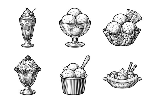 Set of vintage woodcut style ice cream desserts including sundae glasses, waffle bowls, and banana splits in detailed black and white engraving.