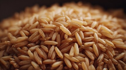 Obraz premium Close up view of uncooked brown rice grains with a moody warm lighting and sharp focus