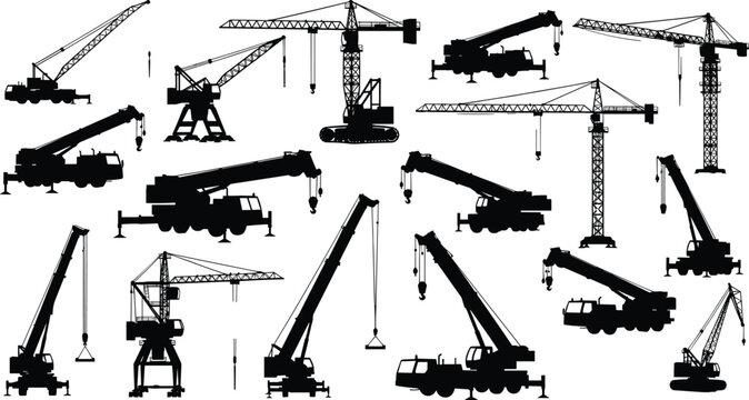 Construction crane silhouettes collection, tower mobile crawler crane vector illustration isolated, heavy lifting industrial machinery, engineering 