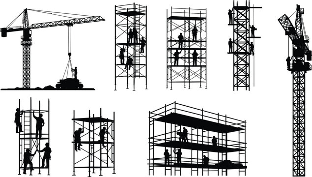 Construction scaffolding workers and tower crane silhouette vector set, building site labor teams assembling structural framework with industrial lifting equipment operations