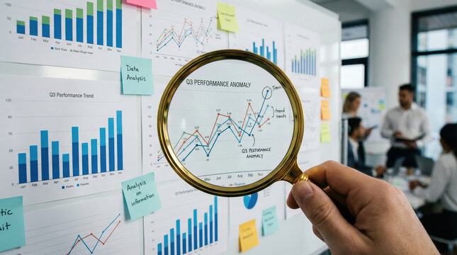 Hand holding magnifying glass zooming on business chart and financial graph on whiteboard analyzing data closely with focus and serious curiosity while office team works in background setting
