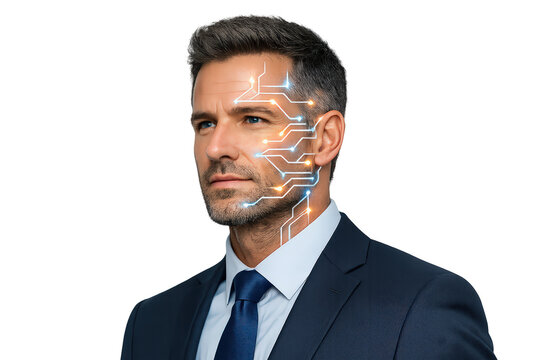 Man's face showing data pathways, illustrating ai, cyborg technology, and facial recognition for business innovation. Transparent background
