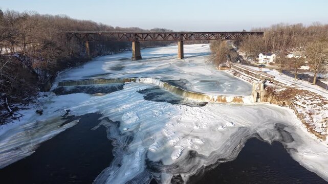 Cinematic Winter Aerial Drone Footage of Paris Ontario Canada Along the Grand River