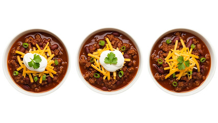 Three bowls of hearty chili topped with creamy sour cream, diced cheese, and fresh herbs isolated on a transparent background