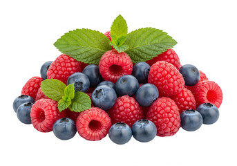A pile of fresh raspberries and blueberries with green leaves isolated on transparent background