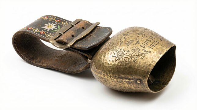Antique Swiss cowbell with leather strap, engraved with edelweiss flowers and 'Suisse 1923'