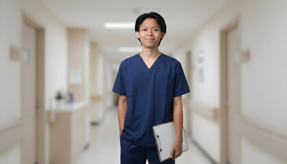 Fototapeta premium Asian male nurse in blue scrubs holding clipboard smiles in bright hospital hallway with doors and natural light showing healthcare occupation