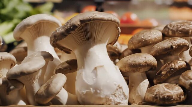Fresh King Oyster Mushrooms Displayed in Grocery Store Produce Section
