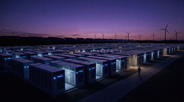 Modern battery energy storage system standing calm under purple twilight sky showing hopeful future of renewable power grid technology and sustainable electricity industrial infrastructure station