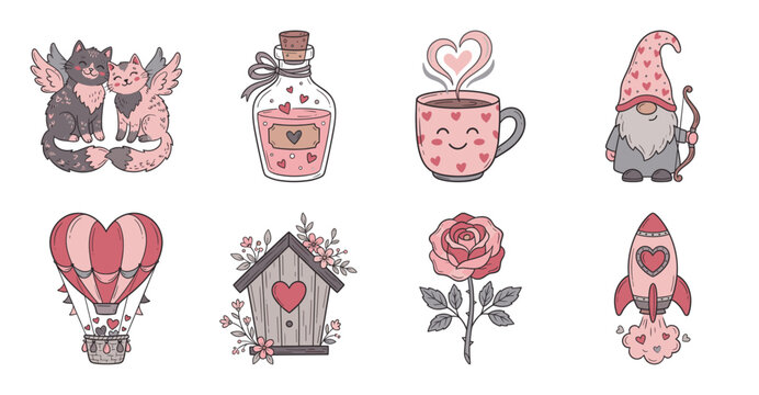 Cute Valentine Love Illustration Set, Pink Vector Graphics