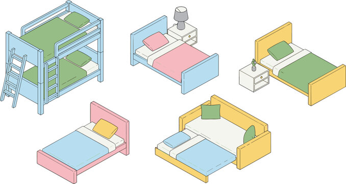 Isometric bed furniture vector set, kids bunk bed and modern bedroom beds collection, home interior sleeping furniture illustration design