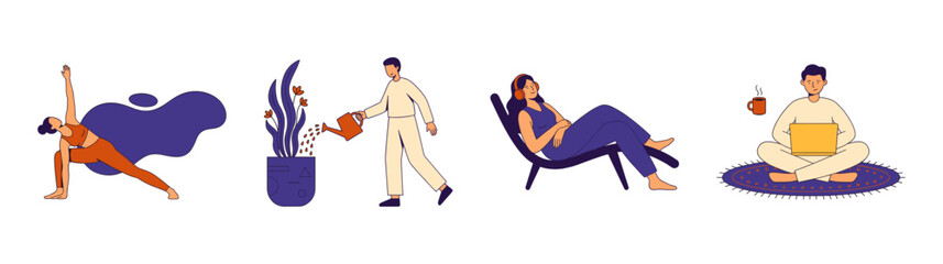 Flat Vector Lifestyle and Wellness Character Illustration Set for Work Life Balance Theme