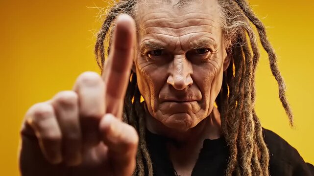 A man with dreadlocks gestures with his hand in front of a yellow background