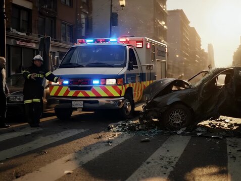 A car crash scene with an ambulance and firefighter. Buildings line the street
