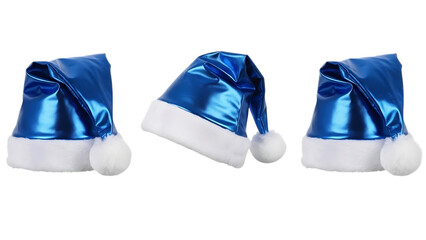 Glossy Blue Santa Hats with White Pom- Poms in Three Angles isolated on a transparent background shiny blue hats