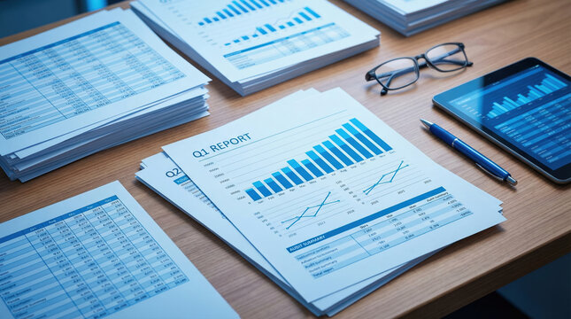Corporate business finance analysis featuring document report stack on wooden office desk with data chart and graph alongside digital tablet implying professional planning strategy for economy
