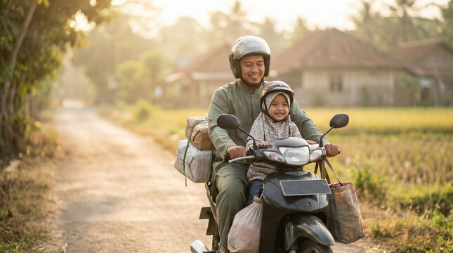 Mudik Lebaran Naik Motor Bersama Keluarga Menuju Desa