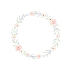 Minimal pastel floral wreath frame with hand drawn leaves and flowers, elegant botanical circle border, feminine spring design for wedding invitation, logo, greeting card, branding, vector 