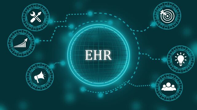 EHR concept with global network and icons electronic health record