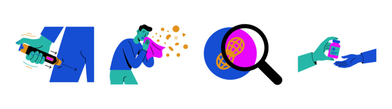 Flat Vector Allergy Awareness and Medical Treatment Illustration Set for Healthcare Educational Materials