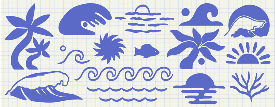 Boho summer set. Naive geometric palm tree, sun, sea, waves and corals for icon, collage. Tropical retro surf prints, summer beach label or naive vignetting hand drawn isolated vector illustration.