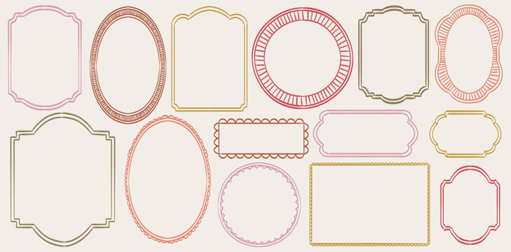 Doodle frames set, hand drawn geometric colorful border collection. Minimal hand drawn square arch and rectangle shapes kit. Elegant retro empty banner, poster, placard decor. Doodle frame emblem.