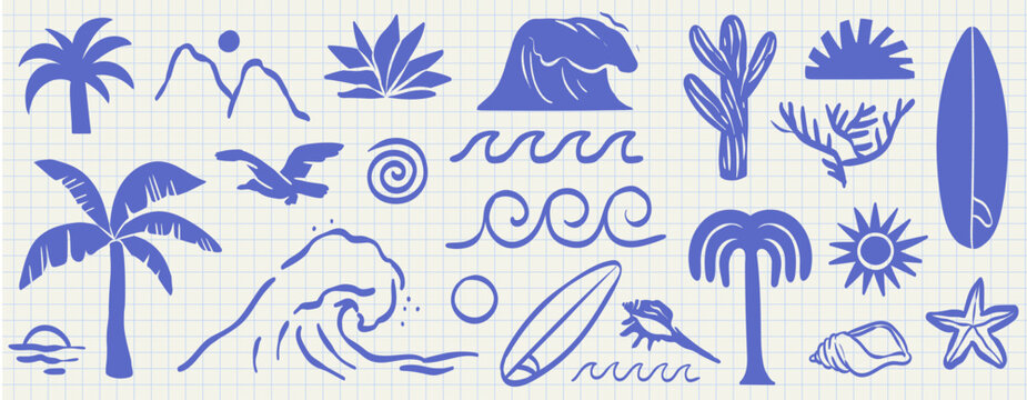 Hand drawn doodle beach and surf vector illustration vignetting set. Tropical naive coastal elements like palm trees, waves, surfboards, and sun perfect for summer designs, t-shirts, poster prints.